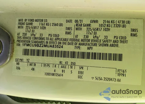 2021 Ford Escape Se Hybrid z USA, uszkodzony, nr VIN 1FMCU9BZ2MUA83524